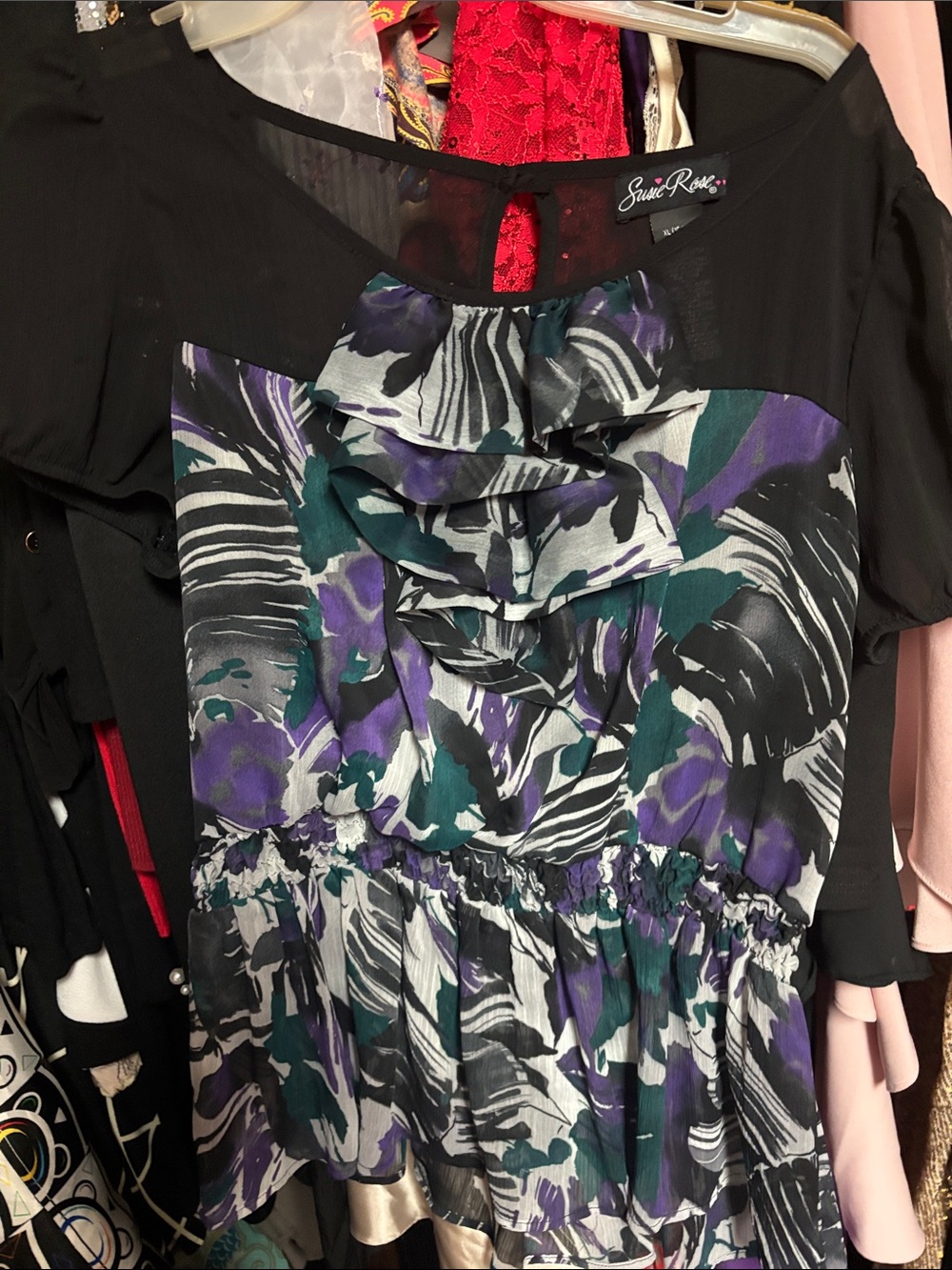 Black Blouse with Purple & Teal Floral Print